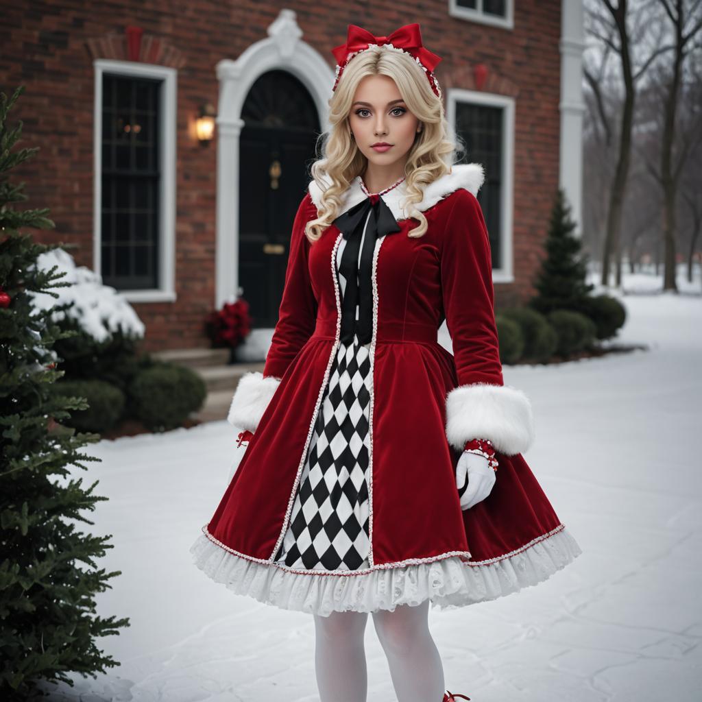 Whimsical Woman in Cindy Lou Costume in Snowy Setting