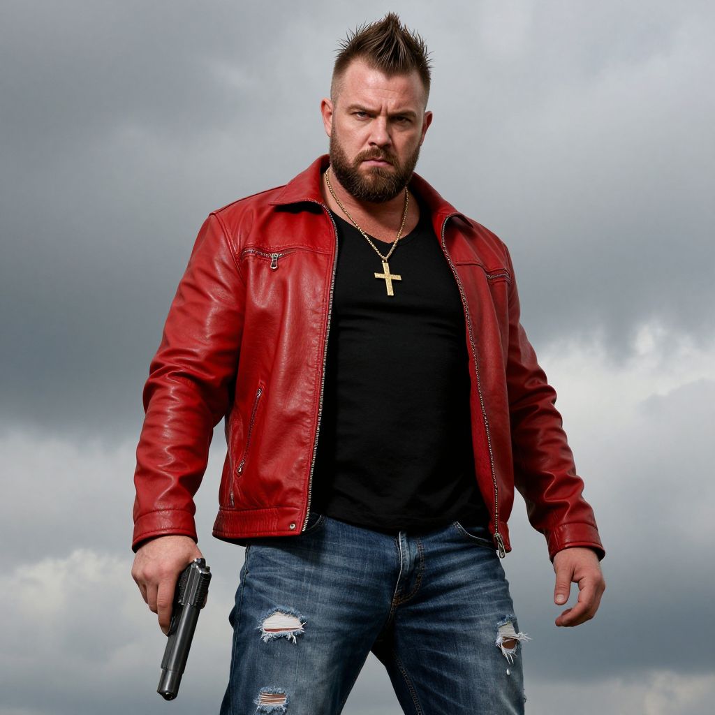 Man in Red Leather Jacket Holding Gun with Spiked Hair and Ripped Jeans