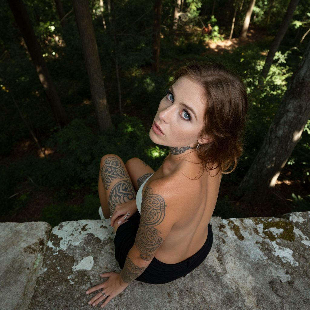 Tattooed Woman Sitting on Stone Ledge in Forest