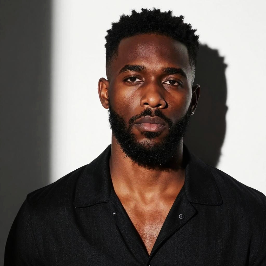 Portrait of Stylish Gen Z Black Man with Beard in Minimalist Lighting