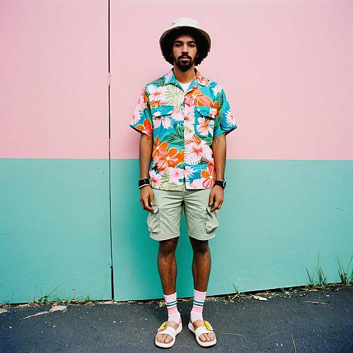 Young Man in Vibrant Hawaiian Shirt and Summer Casual Outfit Against Pastel Wall