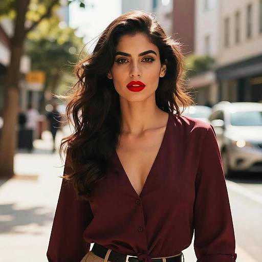 Confident Woman in Burgundy Blouse with Red Lipstick on Urban Street