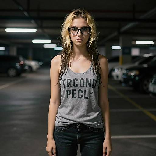 Young Blonde Woman Wearing Glasses in Urban Parking Garage Gen Z Style