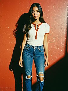 Woman Casual Chic Ribbed White Henley Top with Short Sleeves and Ripped Jeans
