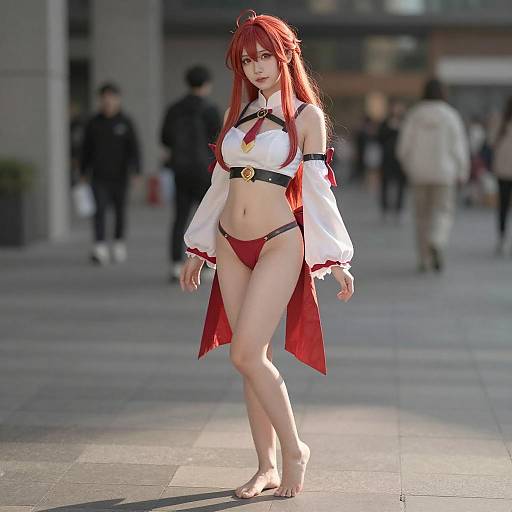 Cosplay Woman with Red Hair in Fantasy Anime Outfit Outdoor