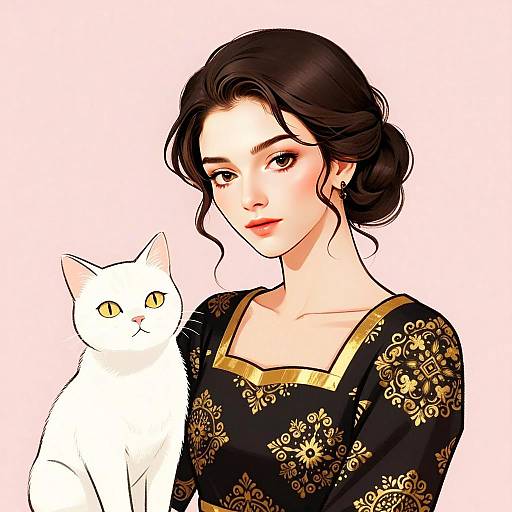 Elegant Woman with White Cat in Gold-Patterned Dress Digital Artwork