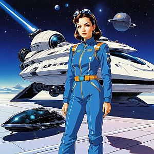 Confident Woman in Blue Spacesuit on Futuristic Platform