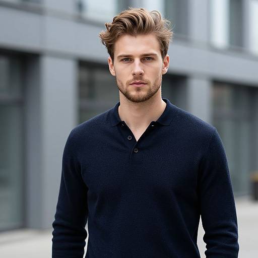 Confident Young Man in Navy Polo Shirt Urban Portrait