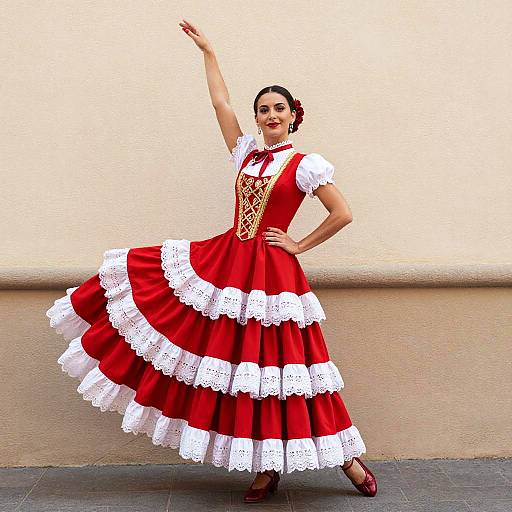Woman in Traditional Red Tarantella Dress with White Lace and Gold Embroidery