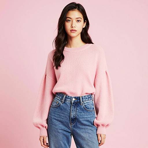 Young Woman in Pink Sweater and Blue Jeans Against Pink Background