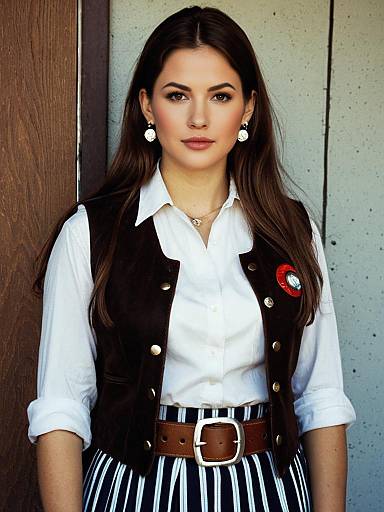 Woman in American Costume with Brown Vest and Striped Skirt