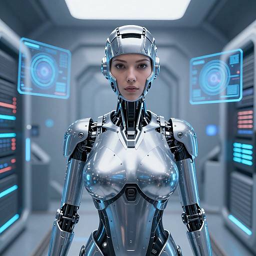 Futuristic Female Android Robot with Holographic Interfaces in Sci-Fi Corridor