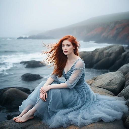 Red-Haired Woman in Blue Tulle Dress by Misty Seaside Rocks