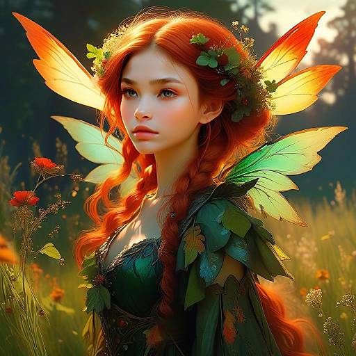 Red-Haired Forest Fairy with Butterfly Wings in Nature Illustration