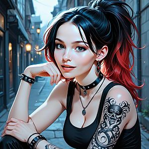 Stylish Young Woman with Red and Black Hair in Urban Alleyway
