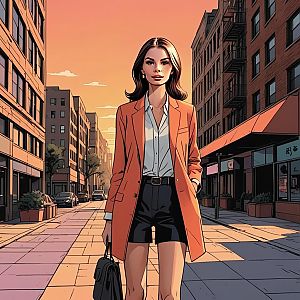 Stylish Woman in Orange Blazer at Sunset in Urban City