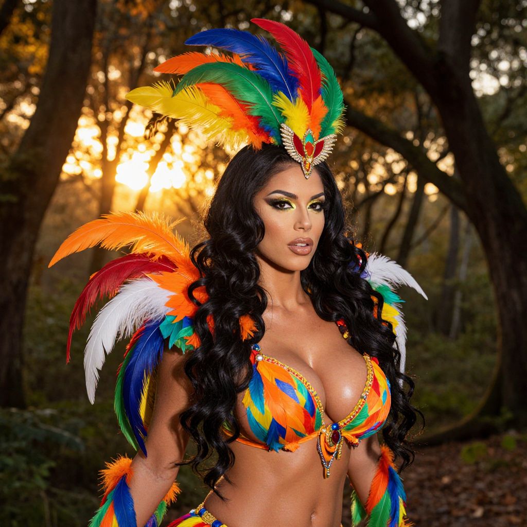 Carnival Woman in Colorful Feather Costume Outdoor