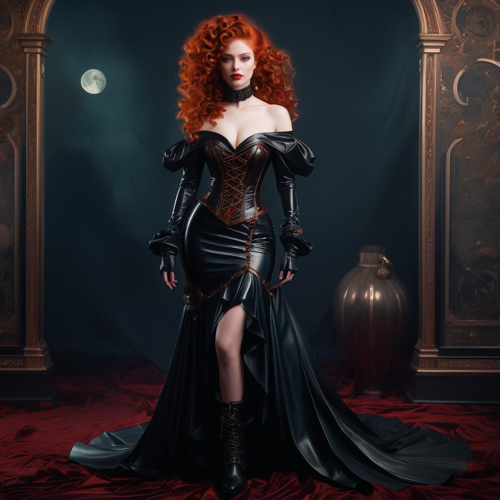 Confident Woman in Gothic Black Leather Gown