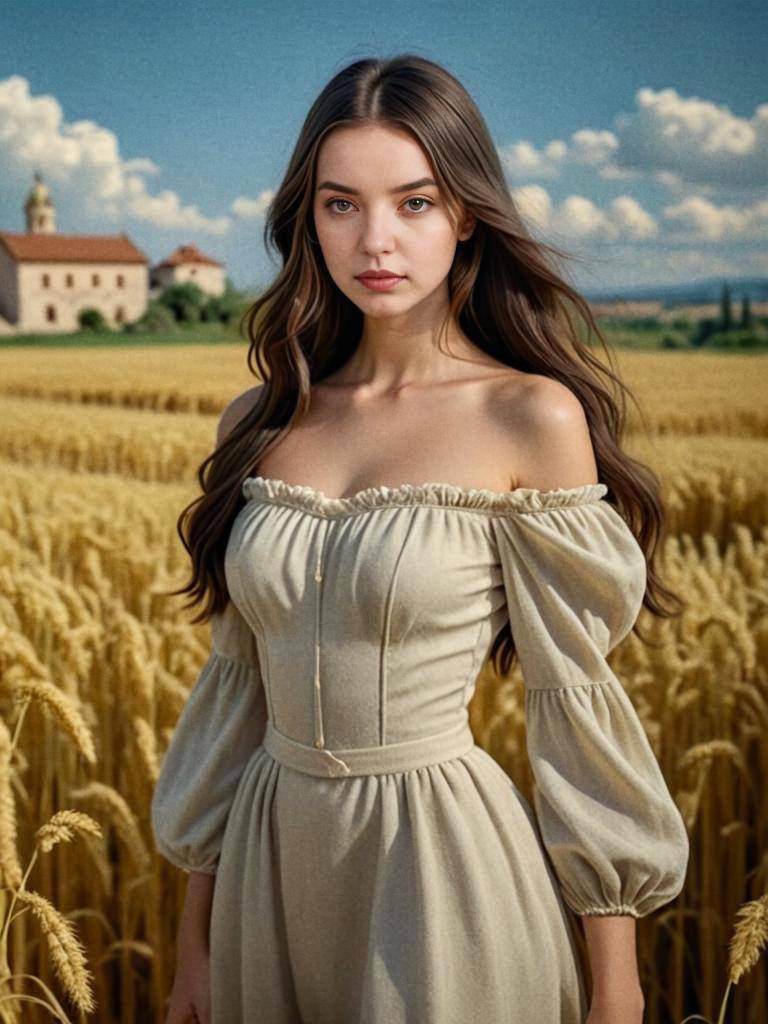 Woman in Off-Shoulder Dress in Wheat Field