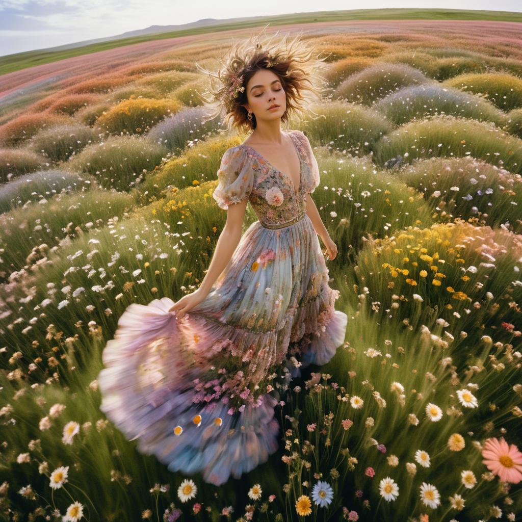 Whimsical Woman in Flowing Dress Among Vibrant Flowers