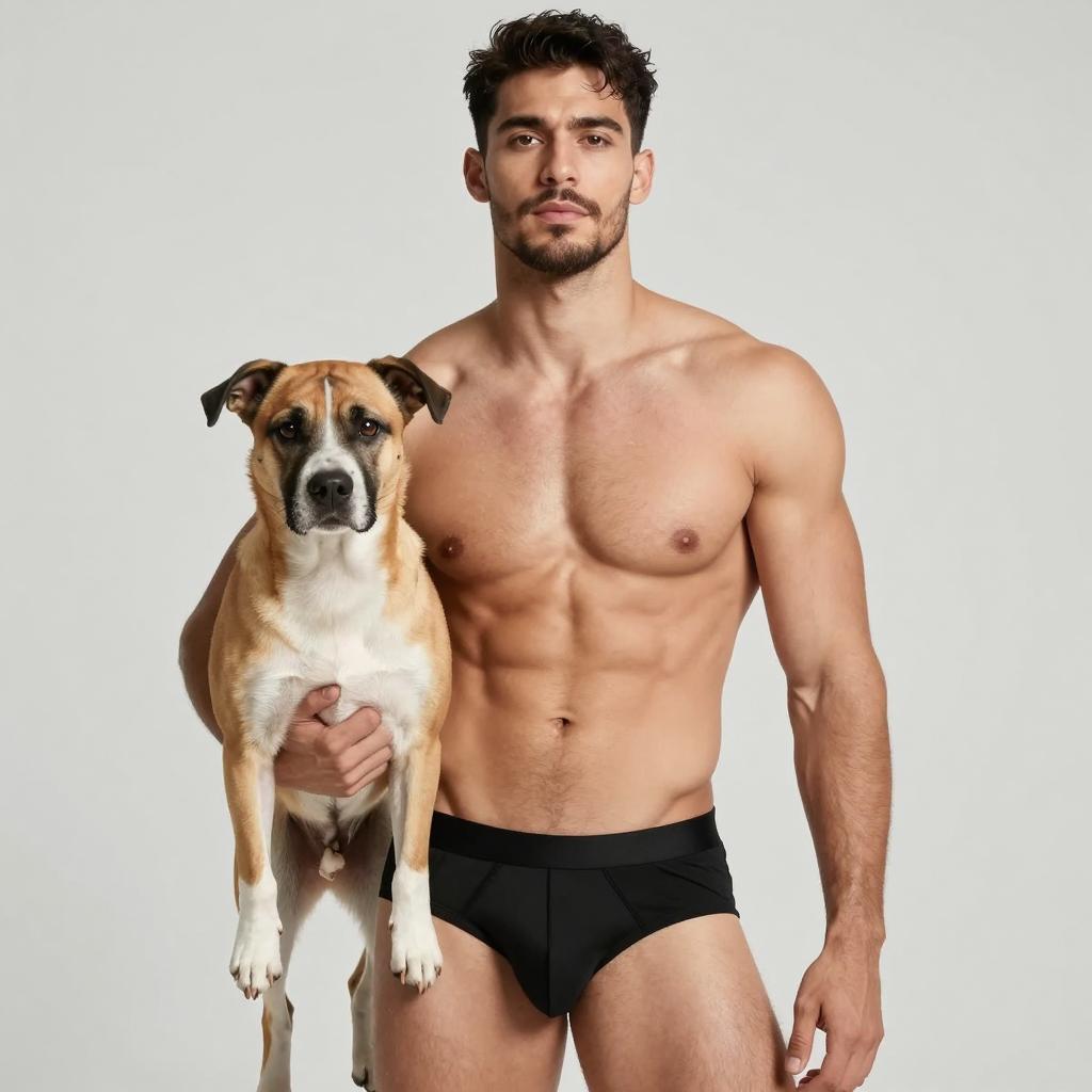 Shirtless Man Holding Dog in Black Briefs - Fitness and Pet Portrait