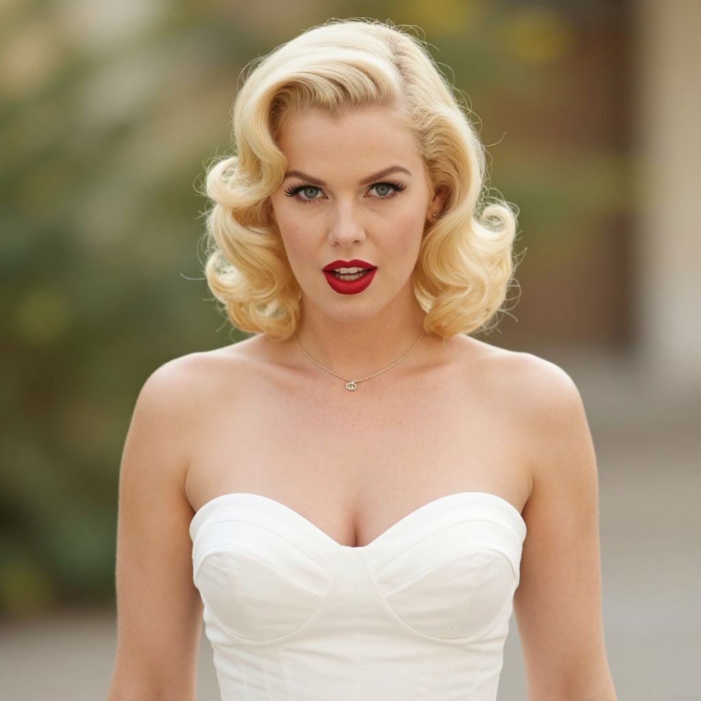 Glamorous Blonde Woman in Vintage Style White Dress