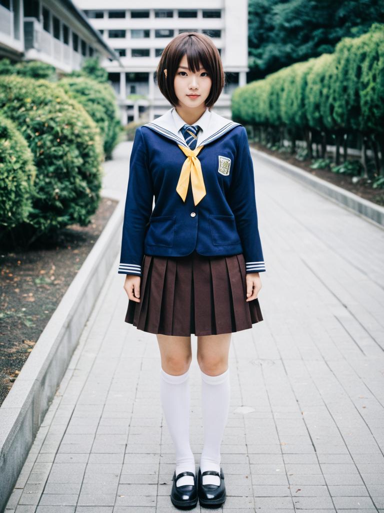 Japanese Schoolgirl in Traditional Sailor Uniform Outdoors
