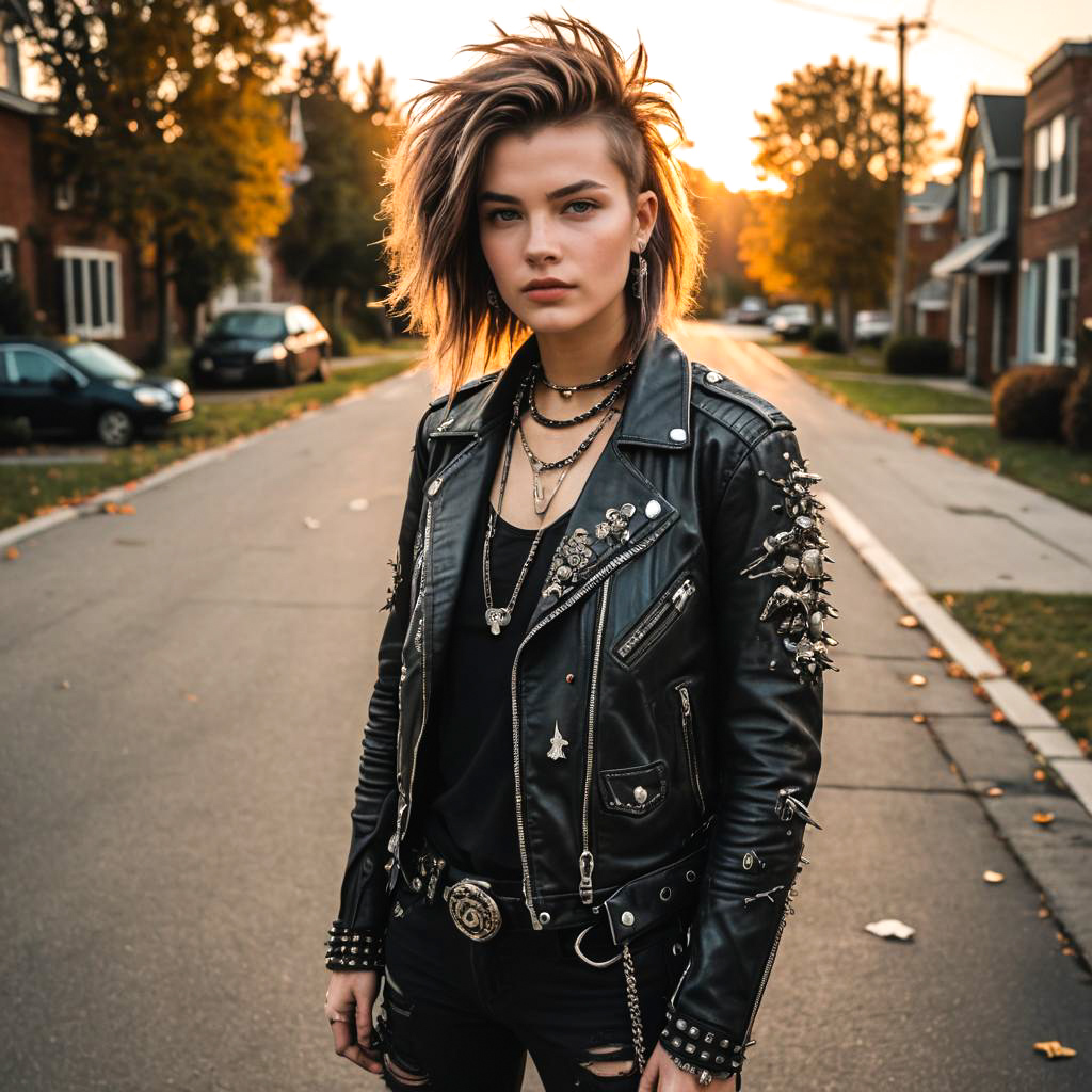 Young Woman in Punk Style with Sunset Background