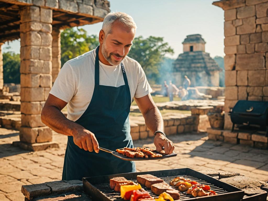 Man Grilling Vegetables and Meat in Idyllic Outdoor Setting