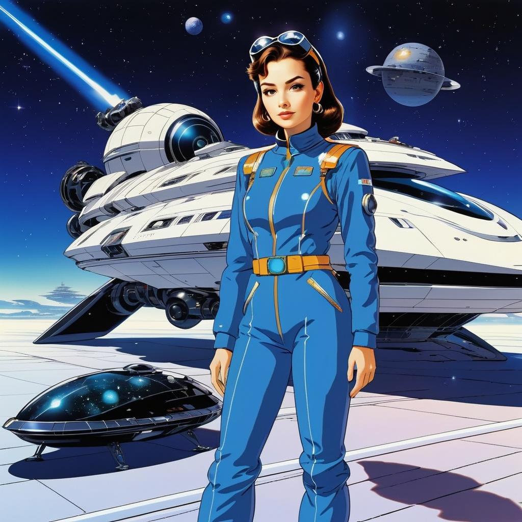 Confident Woman in Blue Spacesuit on Futuristic Platform Confident Woman in Blue Spacesuit on Futuristic Platform