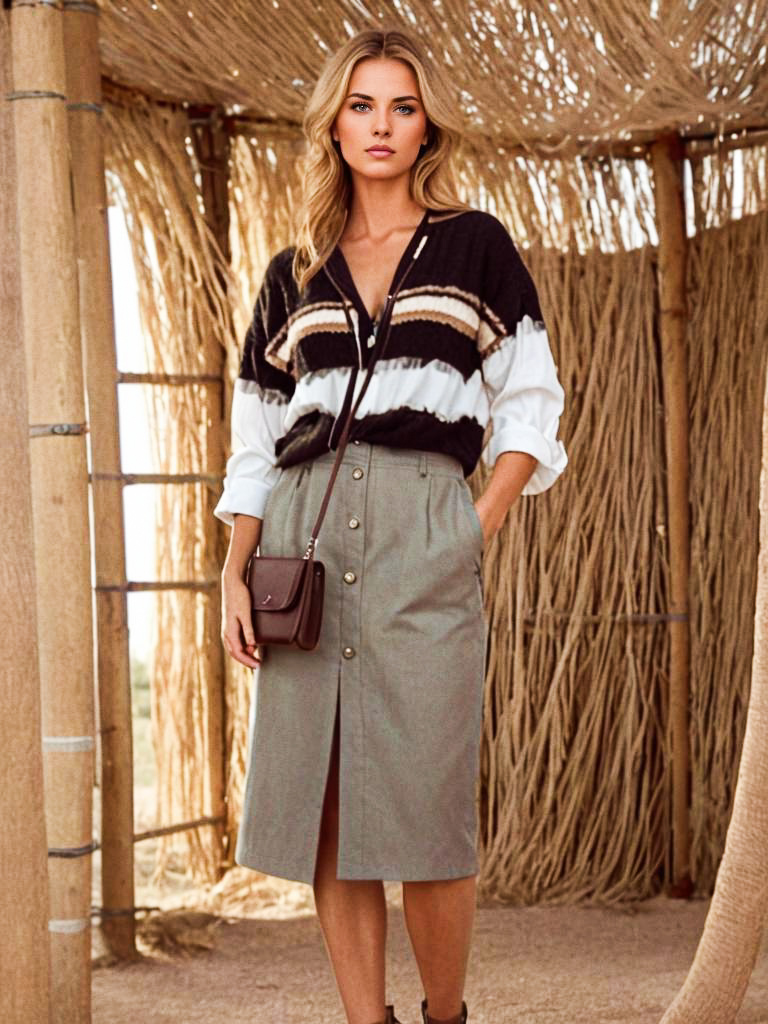 Chic Woman in Striped Sweater and Button-Up Skirt