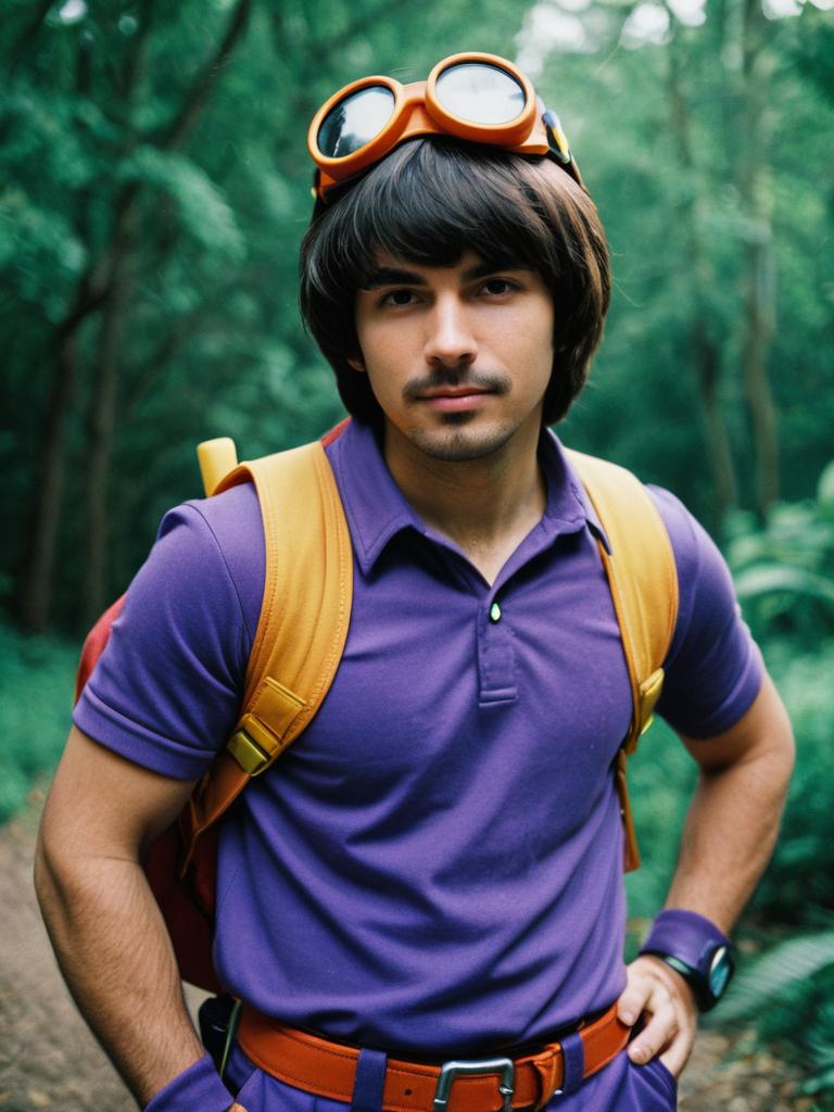 Young Man in Purple Polo Shirt in Forest