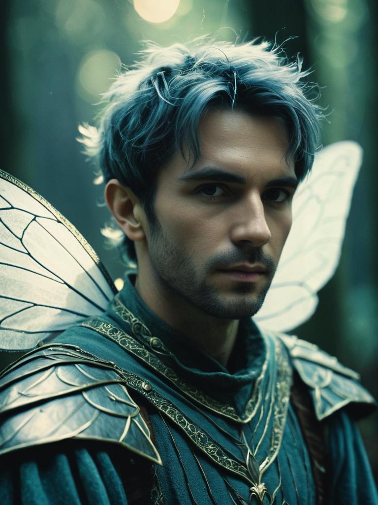 Medieval Man with Fairy Wings in Forest
