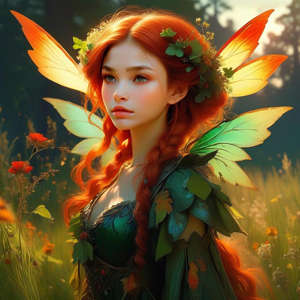 Red-Haired Forest Fairy with Butterfly Wings in Nature Illustration