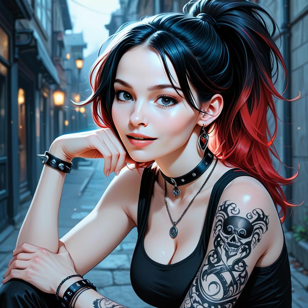 Stylish Young Woman with Red and Black Hair in Urban Alleyway Stylish Young Woman with Red and Black Hair in Urban Alleyway