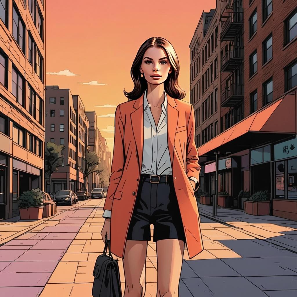 Stylish Woman in Orange Blazer at Sunset in Urban City