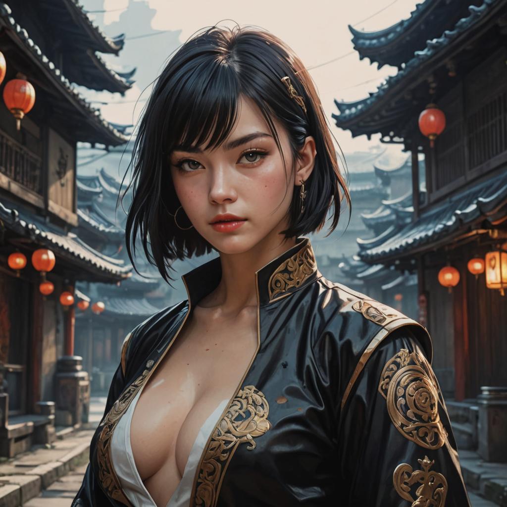 Anime inspired Woman In Traditional Dress In Ancient Town