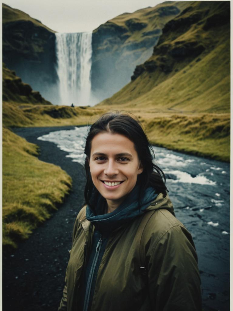 Smiling Woman with Surreal Waterfall Background