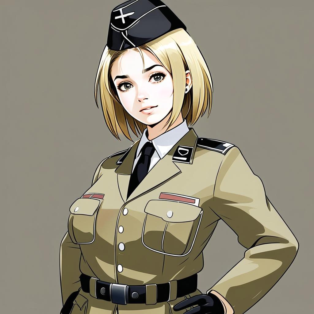 Anime Style Woman in Stylized Military Uniform Illustration