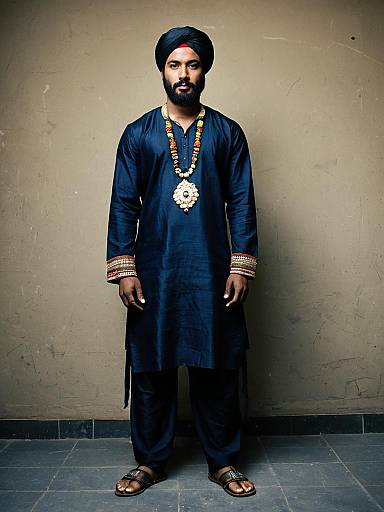 Man in Traditional Indian Kurta and Turban Costume with Ornamental Necklace