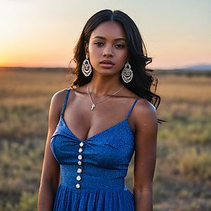 Confident Woman in Blue Dress at Sunset