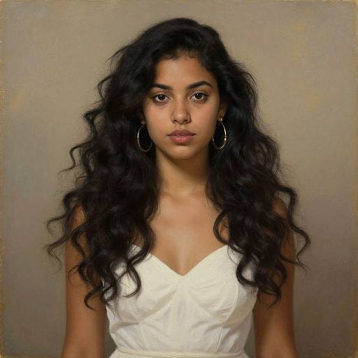 Portrait of Young Woman in White Dress with Wavy Hair