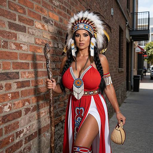 Woman in Red Native American-Inspired Costume with Feathered Headdress and Staff
