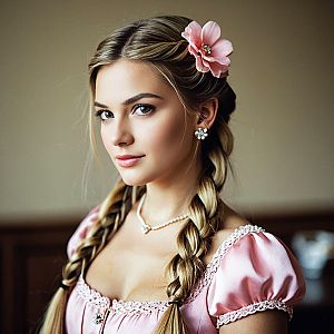 Elegant Young Woman in Pink Dress with Flower Accessory