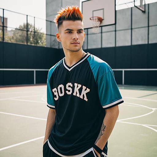 Stylish Young Man with Orange Hair on Basketball Court in Sporty Jersey