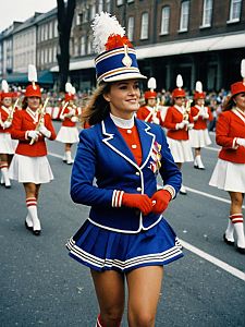 Woman in Blue Majorette Uniform Leading Parade March