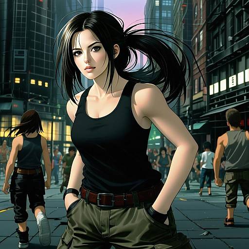 Anime Style Young Woman in Urban City Street Scene
