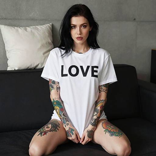 Tattooed Woman Wearing White LOVE T-Shirt Sitting on Black Couch
