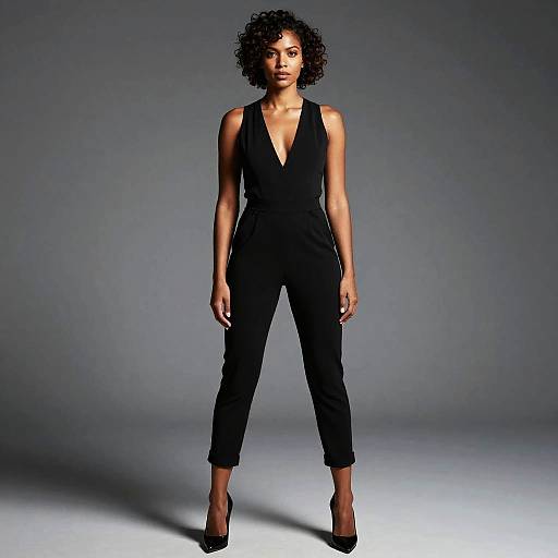 Confident Woman in Sleek Black Jumpsuit Studio Portrait - Gen Z Fashion