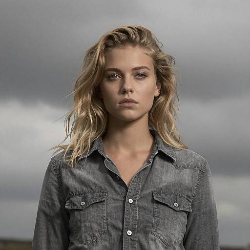 Young Woman in Grey Denim Shirt with Moody Overcast Sky Background